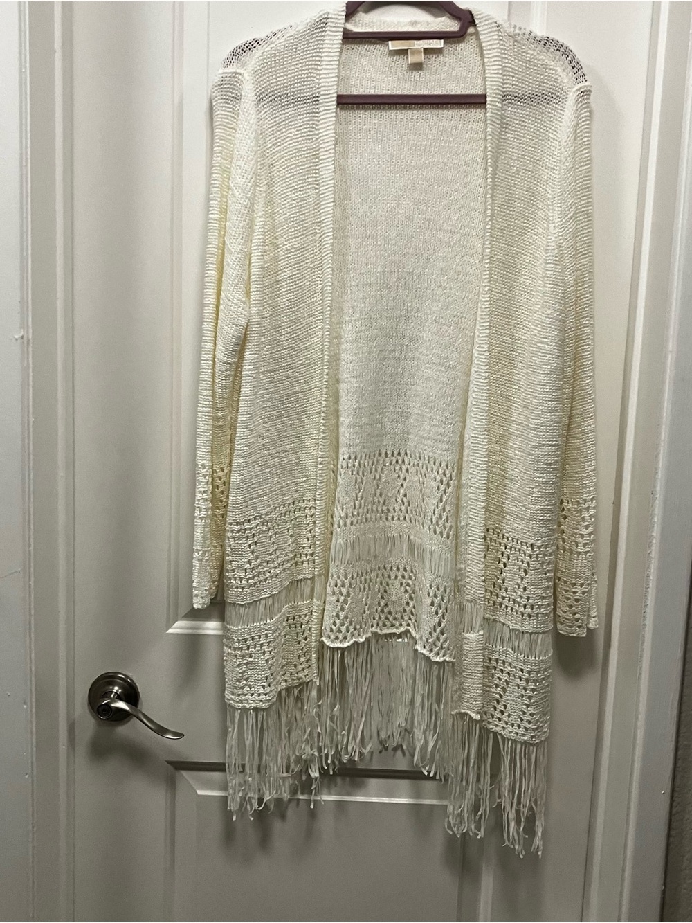 MICHAEL Michael Kors Open Front Crochet Fringe Cardigan Sweater Off White Large
